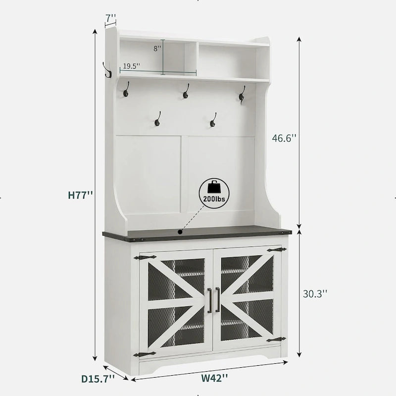 Banc d'entrée de ferme de 42 po de large avec porte-manteau, armoire de vestiaire