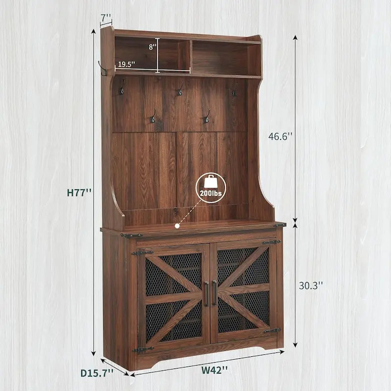 Banc d'entrée de ferme de 42 po de large avec porte-manteau, armoire de vestiaire