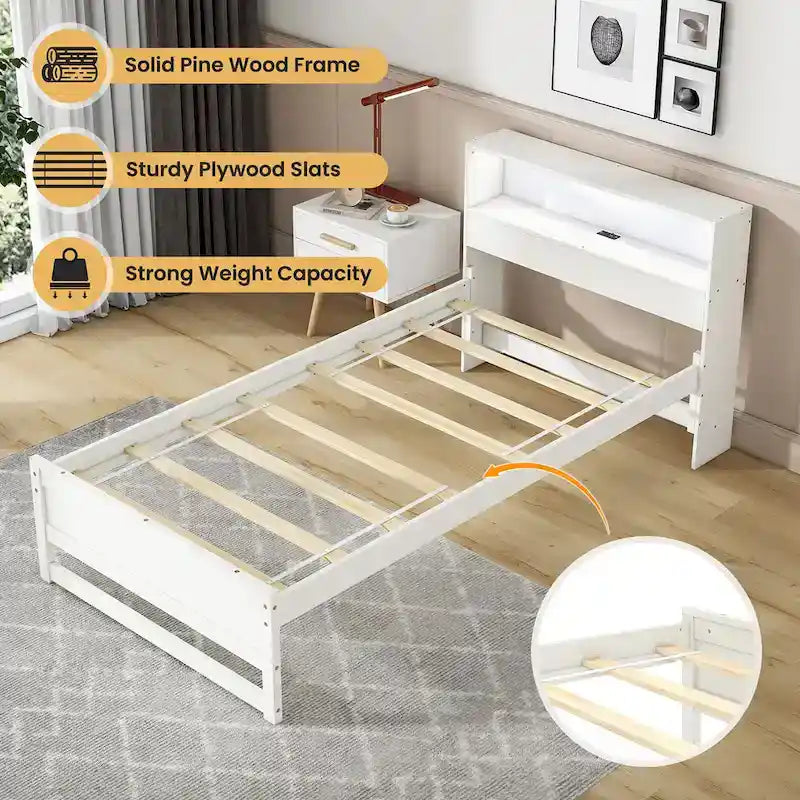 Cadre de lit double en bois Gymax avec station de charge et lumière LED