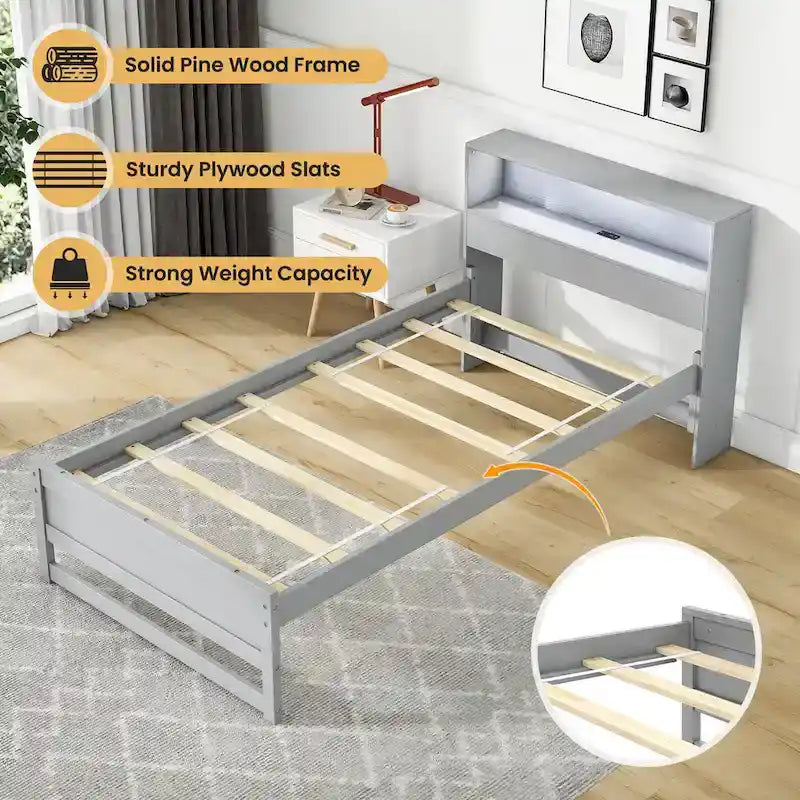 Cadre de lit double en bois Gymax avec station de charge et lumière LED