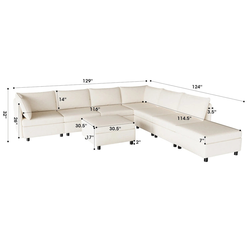 Canapé modulaire 8 places convertible beige 129 avec rangement