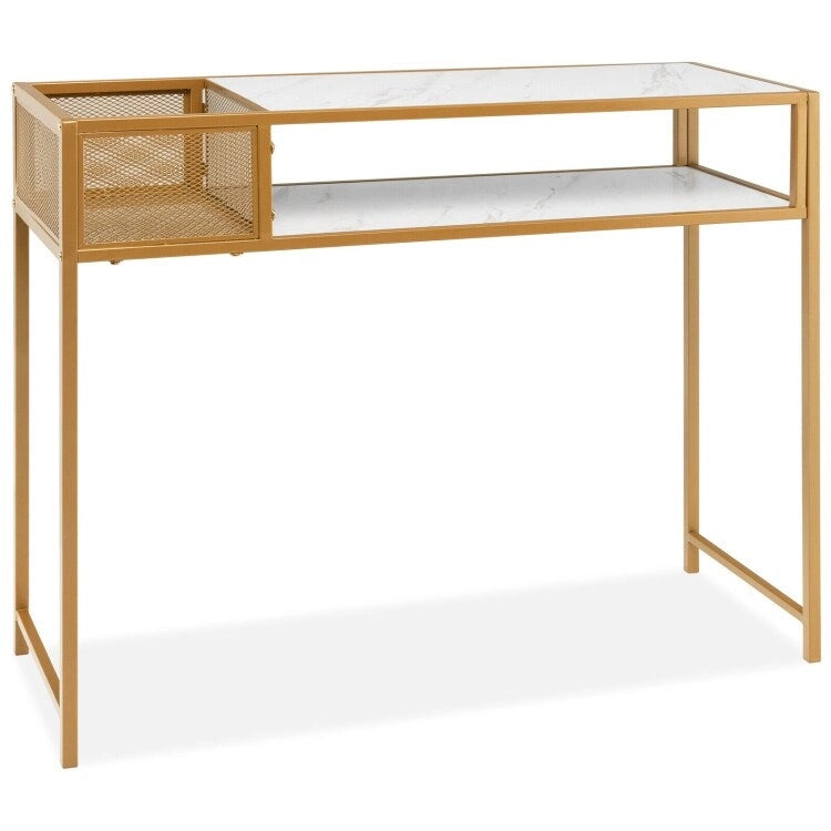 Faux Marble Console Table with Wire Baske for Entryway - 47.5 x 12 x 35.5 (L x W x H)